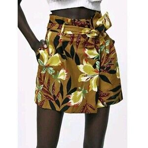 ZARA MUSTARD BROWN TROPICAL FLORAL BERMUDA SHORTS SKORT Size S N46‎